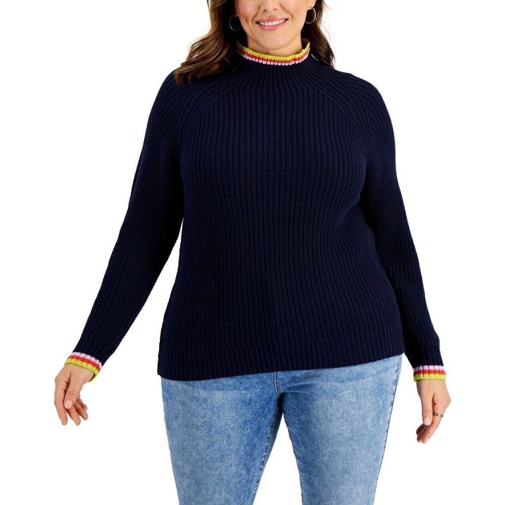 Style & Co Womens Plus Size 1X Cotton Striped-Detail Funnel-Neck Sweater $57 SW3